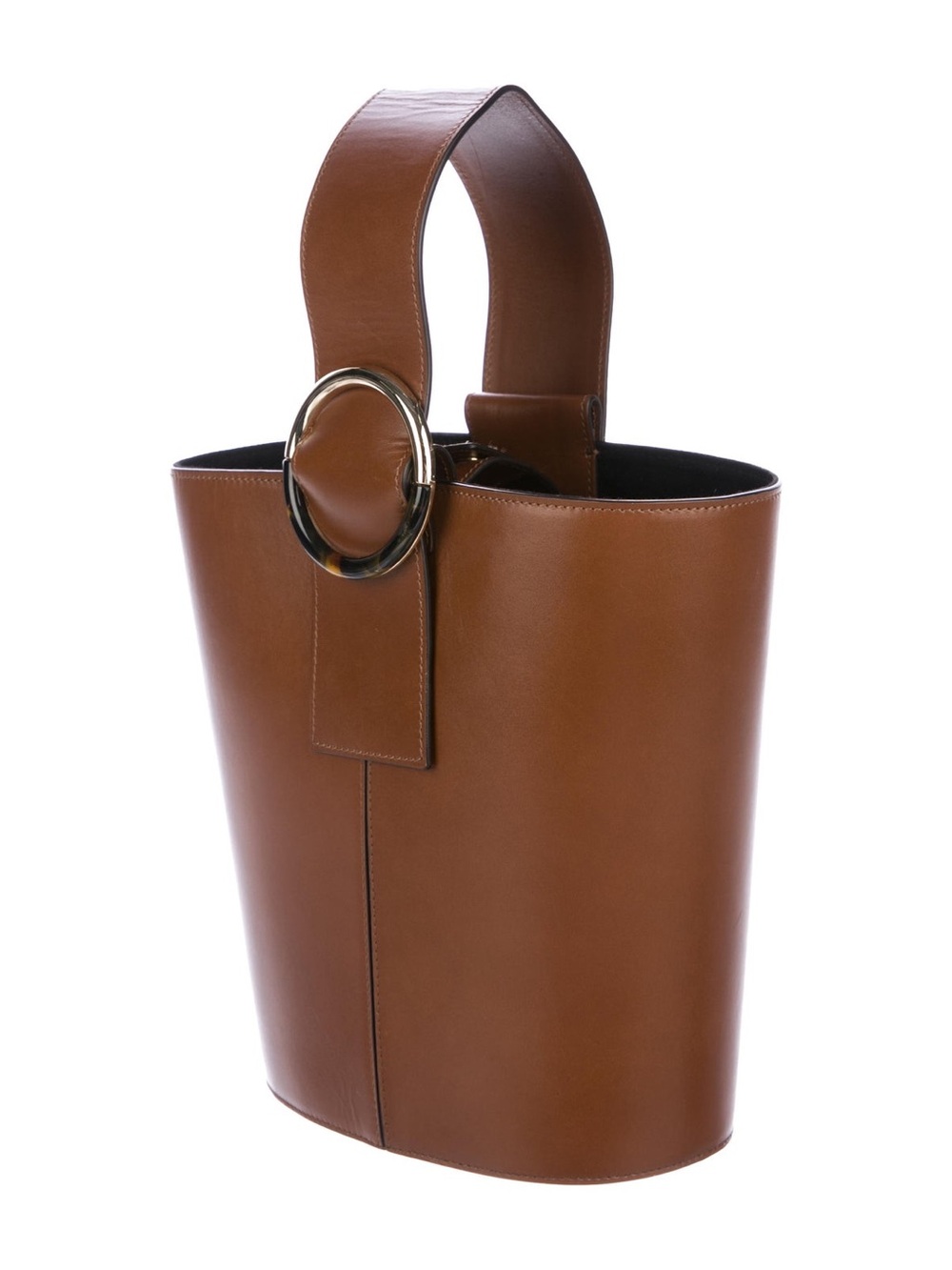 Tara Jarmon Paris Cognac Leather Bucket Tote with Gold Ring